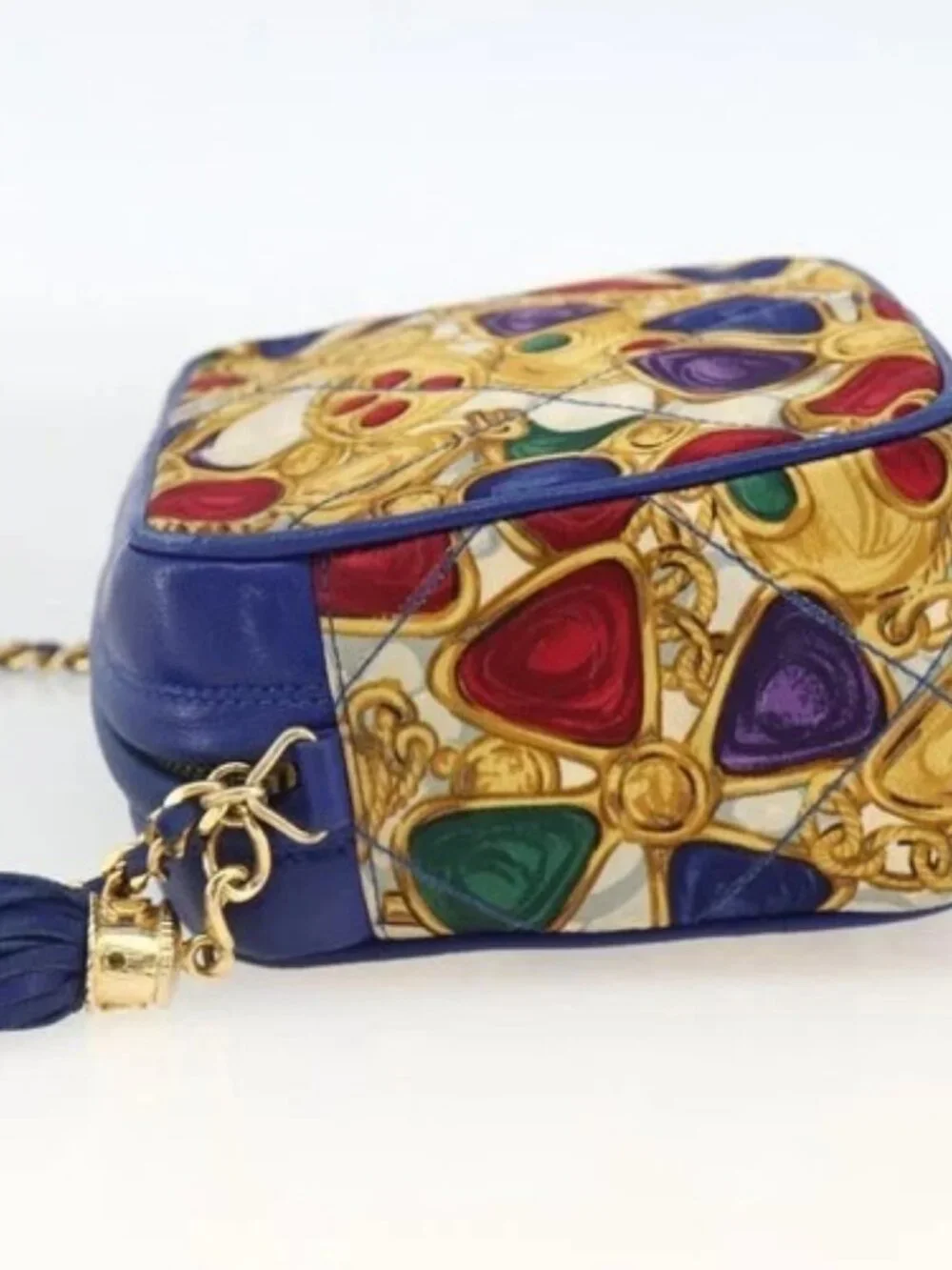 CHANEL Matelasse Chain Shoulder Bag Satin Blue Gold CC Auth BAZ668V